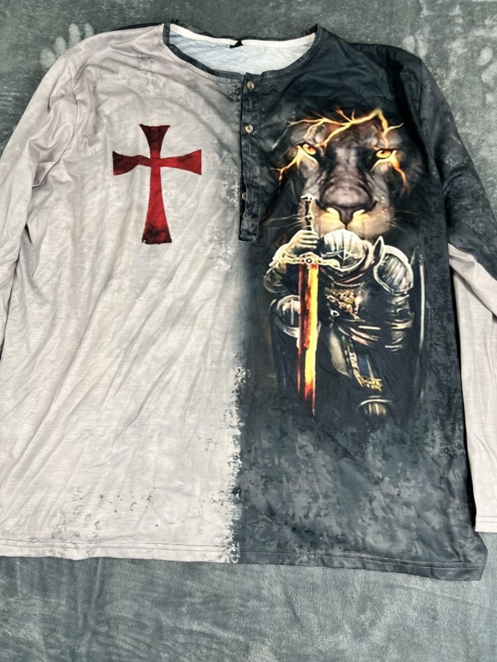 Knight & Lion Graphic Long Sleeve Henley Shirt Cross Print 5XL